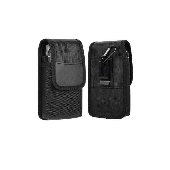 Dual Pocket Nylon Phone Holster for 2 Smartphones, Vertical Belt Clip Waist Pouch with Carabiner for Work & Personal Cell Phones | DEBIN