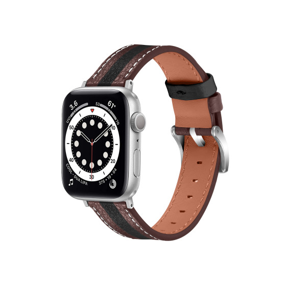 Glealx Two-Tone Racing Stripe Leather Band for Apple Watch, Black & Red Accent Cowhide Strap with Contrast Stitching