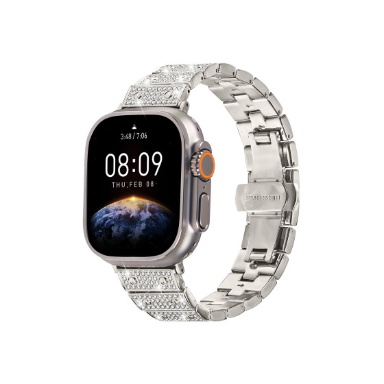 Glealx Black Diamond-Encrusted Stainless Steel Band for Apple Watch Ultra, Screw-In Butterfly Clasp Bracelet