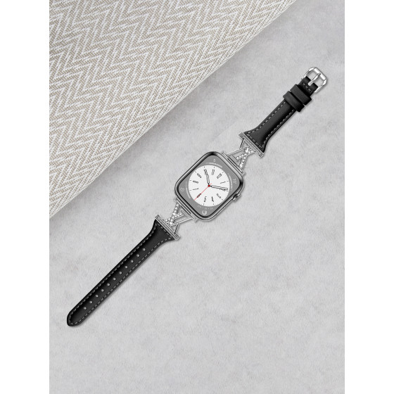 Glealx X-Shaped Diamond Leather Band for Apple Watch, Black Calfskin Strap with Crystal-Encrusted Hardware