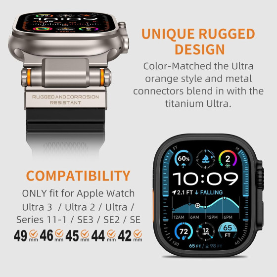 Прочная коррозионно-стойкая силиконовая лента для Apple Watch Ultra, тактический черный ремешок с промышленными металлическими соединениями