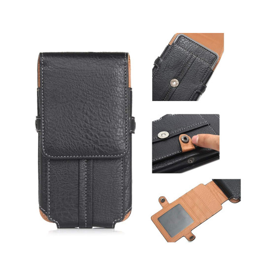 Vintage PU Leather Wallet Phone Holster with Multiple Card Slots, Belt Loop & Carabiner Vertical Waist Pouch for Smartphone Cards